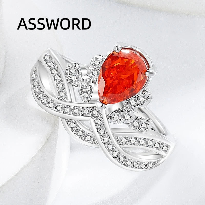 925 Sterling Silver Crown Teardrop Ice Flower Cut Cubic Zirconia Ring Twisted Split Shank Wedding Jewelry Gift for Women