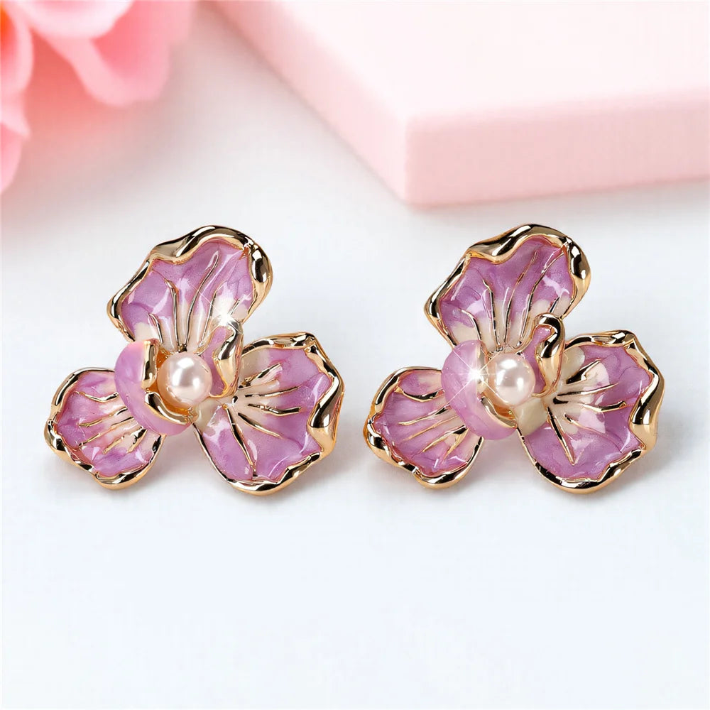 Cute Female White Pearl Purple Enamel Gold Color Flower Stud Earrings Lovely Bridal Wedding Jewelry For Women