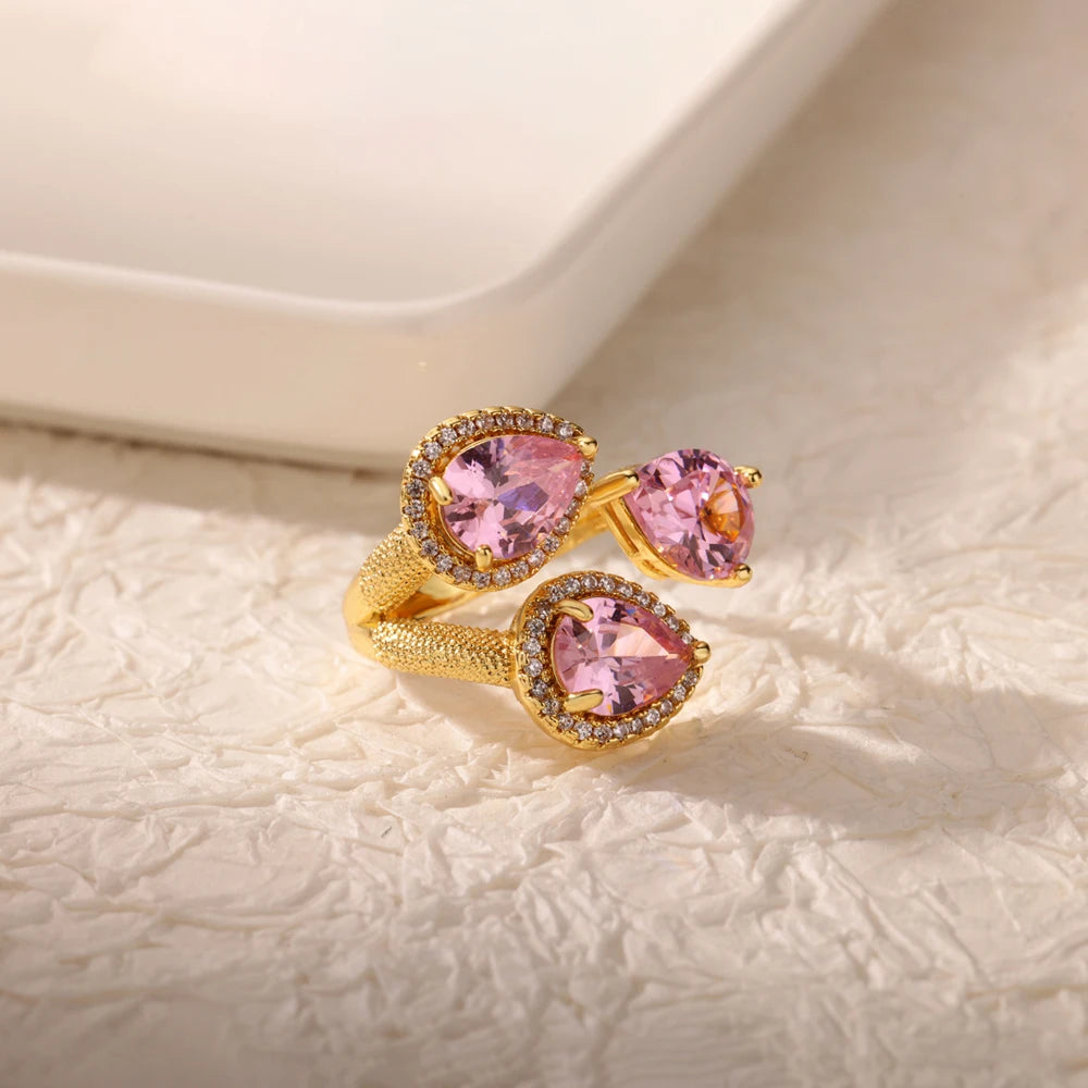 Stainless Steel Rings Gold Plated Colorful Stone Zircon Crystal Luxury Flower Ring For Women Wedding Jewelry Christmas Gift New