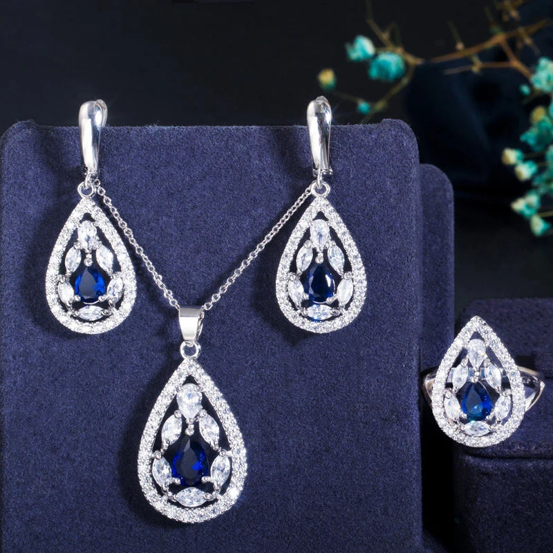 ThreeGraces Shining Red Zirconia Water Drop Shape Earring Necklace Ring Fashion Bridal Party Jewelry Set for Women JS554