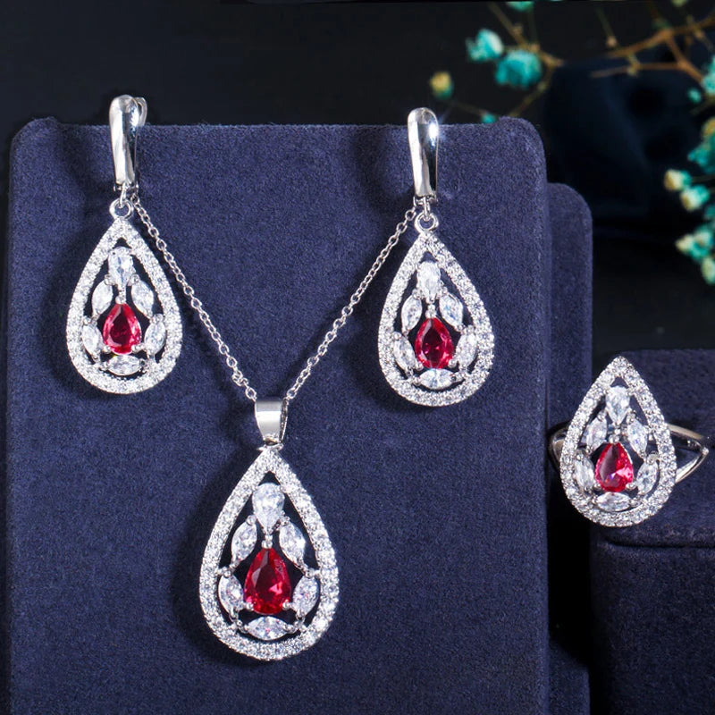 ThreeGraces Shining Red Zirconia Water Drop Shape Earring Necklace Ring Fashion Bridal Party Jewelry Set for Women JS554
