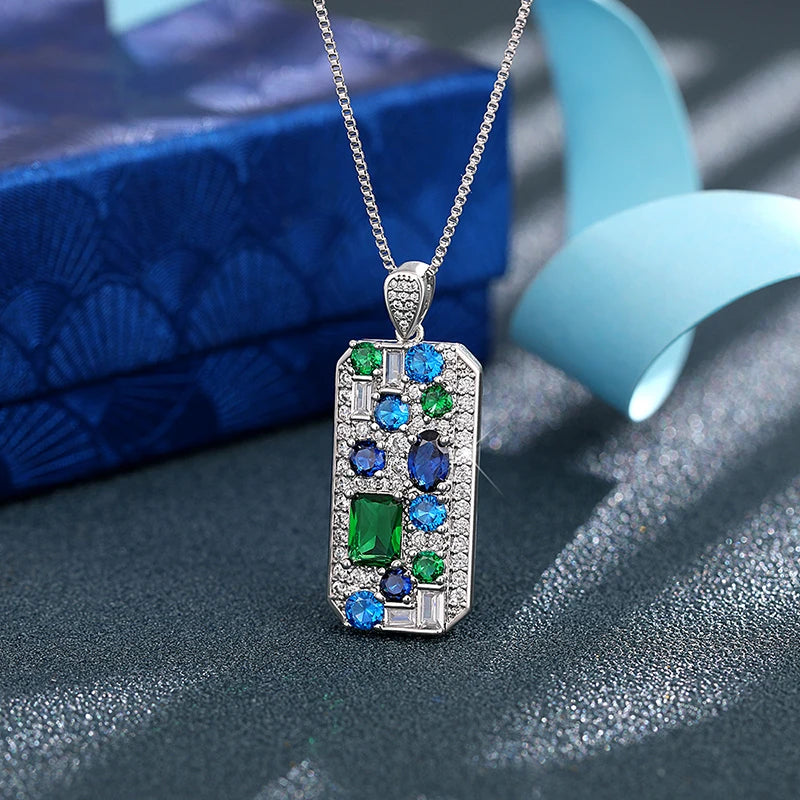 Huitan Blue/Green Cubic Zirconia Pendant Necklace for Women Luxury Trendy Bridal Wedding Neck Accessories Silver Color Jewelry