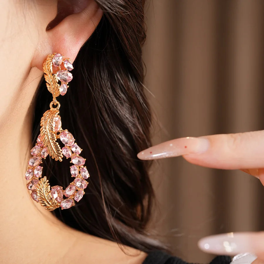 Vintage Rhinestone Inlaid Feather Drop Earrings Retro Style Light Luxury High Grade Elegant Exquisite Stud Ear Jewelry For Women