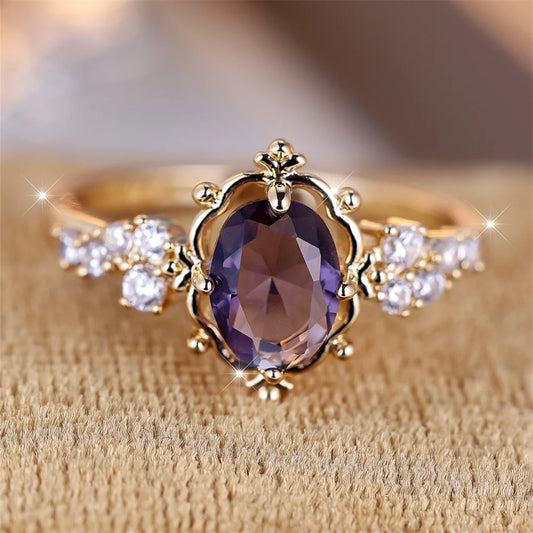 Trendy Purple Crystal Oval Stone Flower Rings For Women Vintage Gold Color Bridal Wedding Band Bithstone Jewelry Engagement Gift