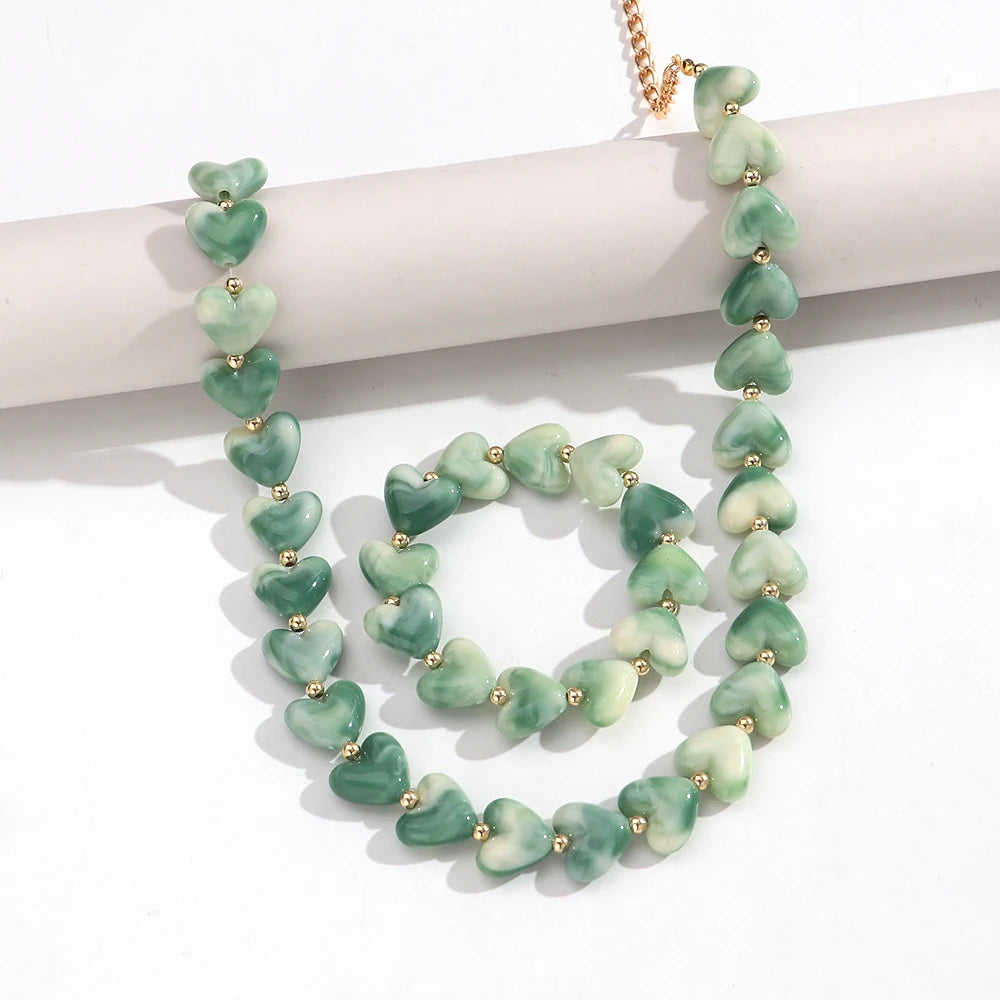 New Colorful Acrylic Geometric Heart Beaded Necklace Bracelet Set Fashion Love Heart Beads Choker Necklace Women Jewelry Gifts