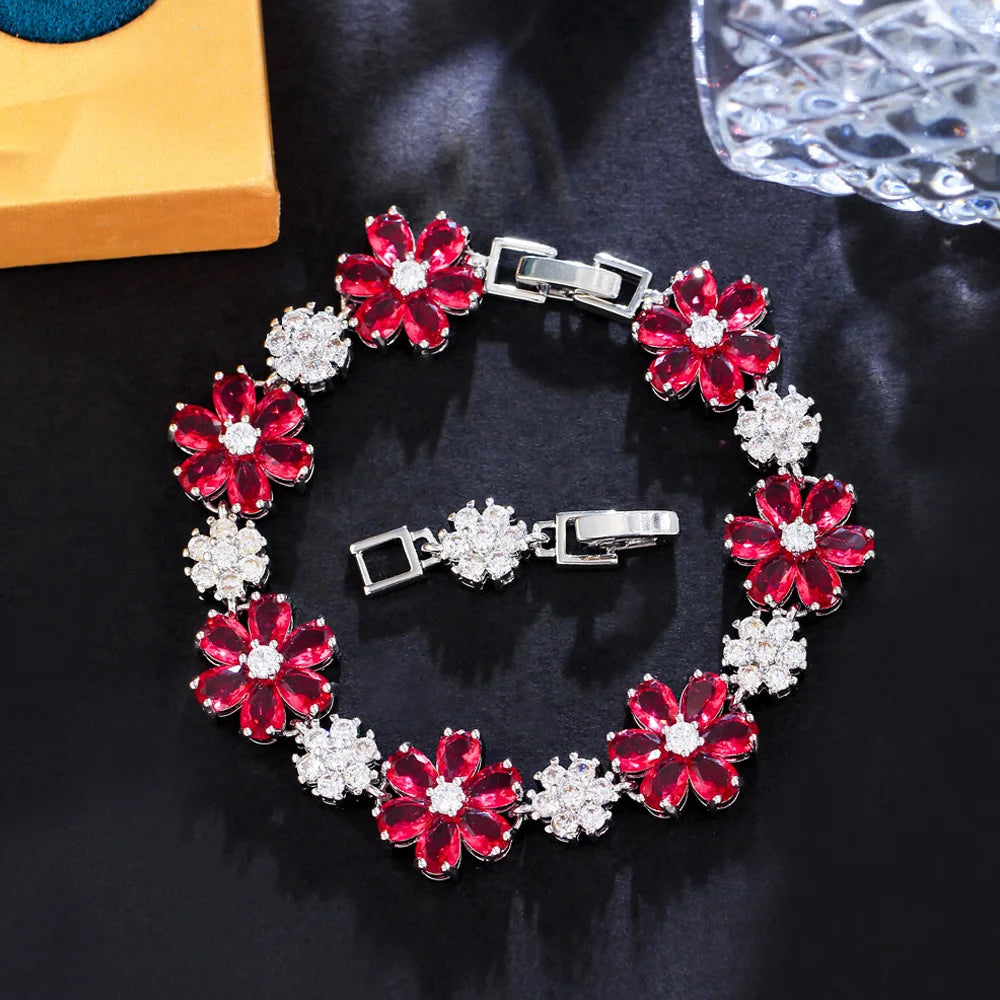 ThreeGraces High Quality Green Cubic Zirconia Gold Color Flower Link Chain Bracelet for Women Fashion Dubai Party Jewelry BR294
