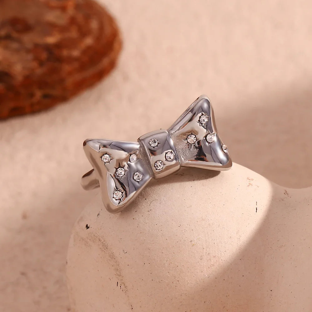 E.B.belle Micro Inlaid Bow Open Ring Waterproof Silver Color 316L Stainless Steel Decoration 18K Gold Plated Jewelry