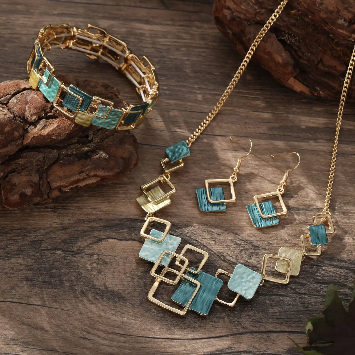 new color painting oil geometric square stud earrings bracelet necklace set, high-end women's jewelry set