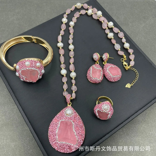 New natural baroque pearl powder crystal four-piece set niche personalized rough stone inlay set factory wholesale