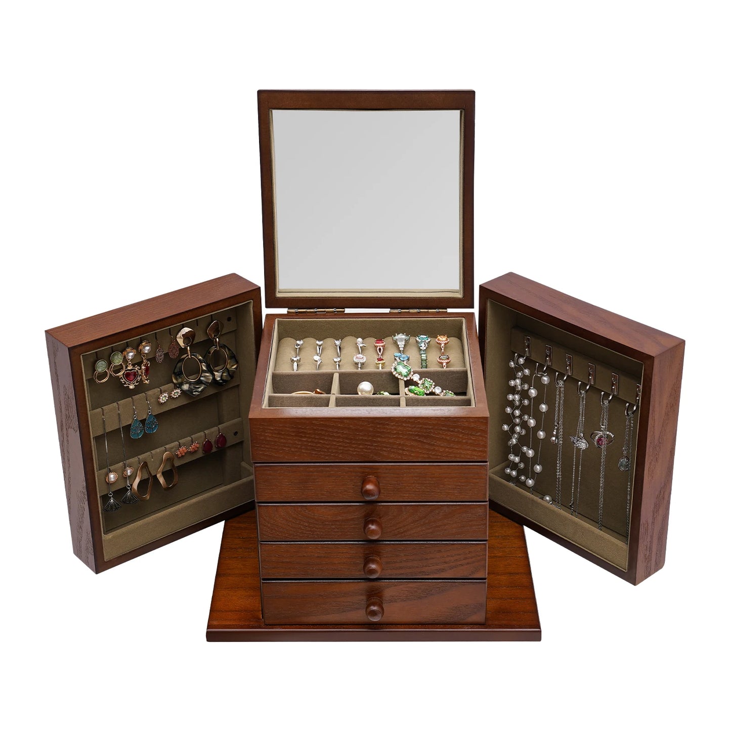 Jewelry Boxes, 5 Layer Jewelry Box, Dark Brown Storage Box, Built-in Mirror, Compact Size 11.81x7.87x9.84 Inch, Space Saving Desktop Organizer for Earrings Necklaces