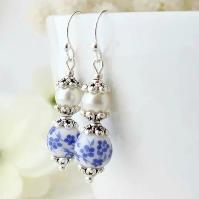 Retro Chinese Style Blue Floral Ceramic & Imitation Pearl Earrings Handmade Silver Plated Drop Earrings for Women Ethnic Jewelry