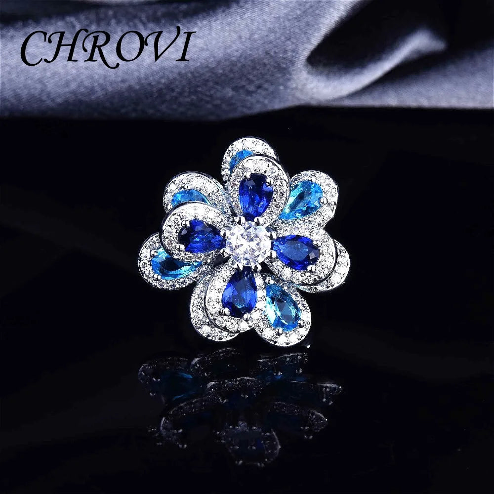 Elegant 925 Sterling Silver Coloured Flower Set, Simple Stud Earrings, 3D Flower Pendant, Open Ring