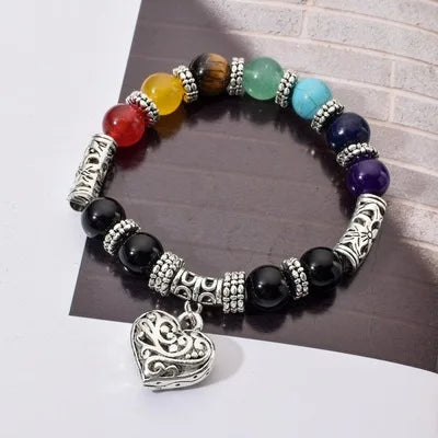 New Women 8mm Bracelets Bangles 7 Chakra Healing Balance Beads Heart Charm Bracelet For Female Reiki Prayer Stones Jewelry
