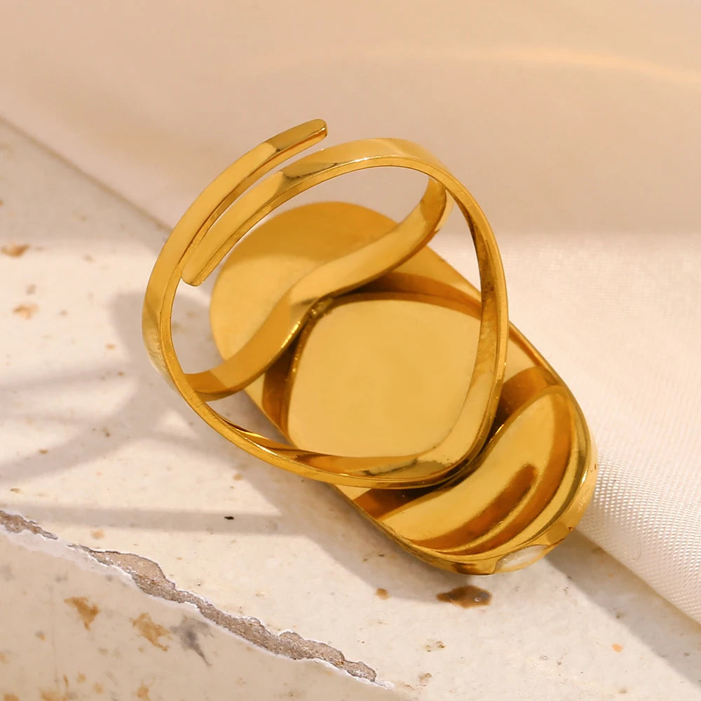 E.B.belle 18K Gold Plated Stainless Steel Waterproof Luxury Oval White Jade Opening Ring For Women Party Wedding Finger Jewelry