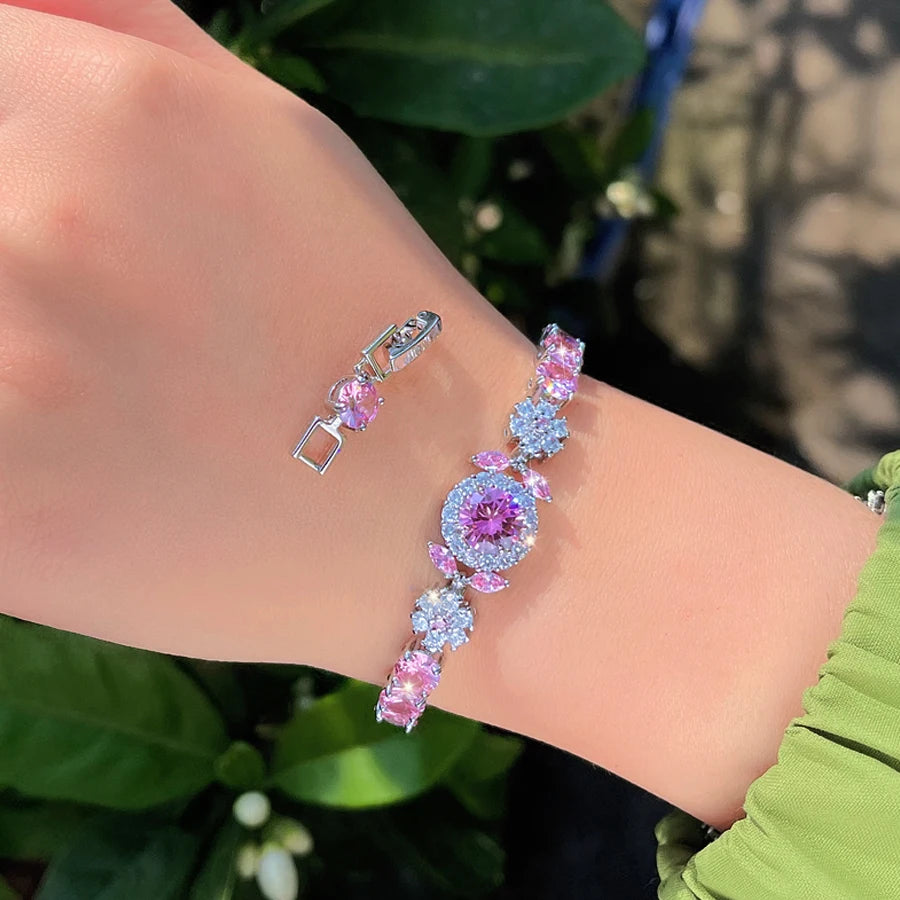 ThreeGraces Elegant Shiny Pink Round Zirconia Fashion Flower Bridal Wedding Engagement Tennis Bracelet for Women Jewelry BR411