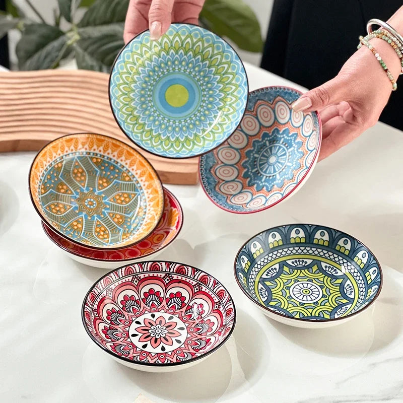 6-Piece Bohemian Ceramic Plates 5.7 Inch - Creative for Breakfast/Salad/Pasta/Dessert/Appetizer, Microwave/Oven/Dishwasher Safe