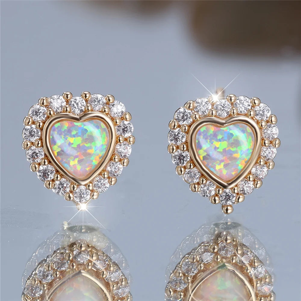 Cute Female White Fire Opal Stone Heart Stud Earrings Gold Color White Zircon Wedding Jewelry For Women