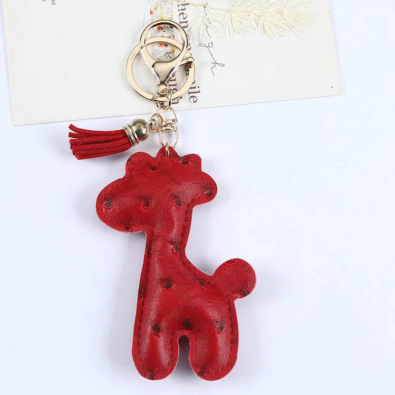 Fashion Cute PU Leather Giraffe keychain for Women Emboss Tassel Animal Key Chain Handbag Car Key Decoration Jewelry Gift