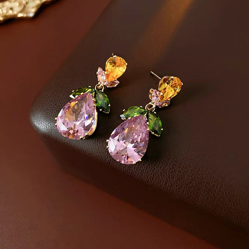 Colorful Zircon Flowers Water Drop Earrings Pendant Necklace Women's Charm Elegant Fashion Jewelry Set Accessories Party Dress G