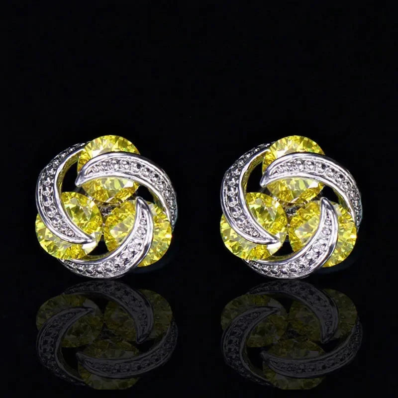 Luxury 925 Sterling Silver Twist Pink Yellow Multicolor Mosaic Zircon Stud Earrings for Women Girls Gift Oorbellen Pendientes