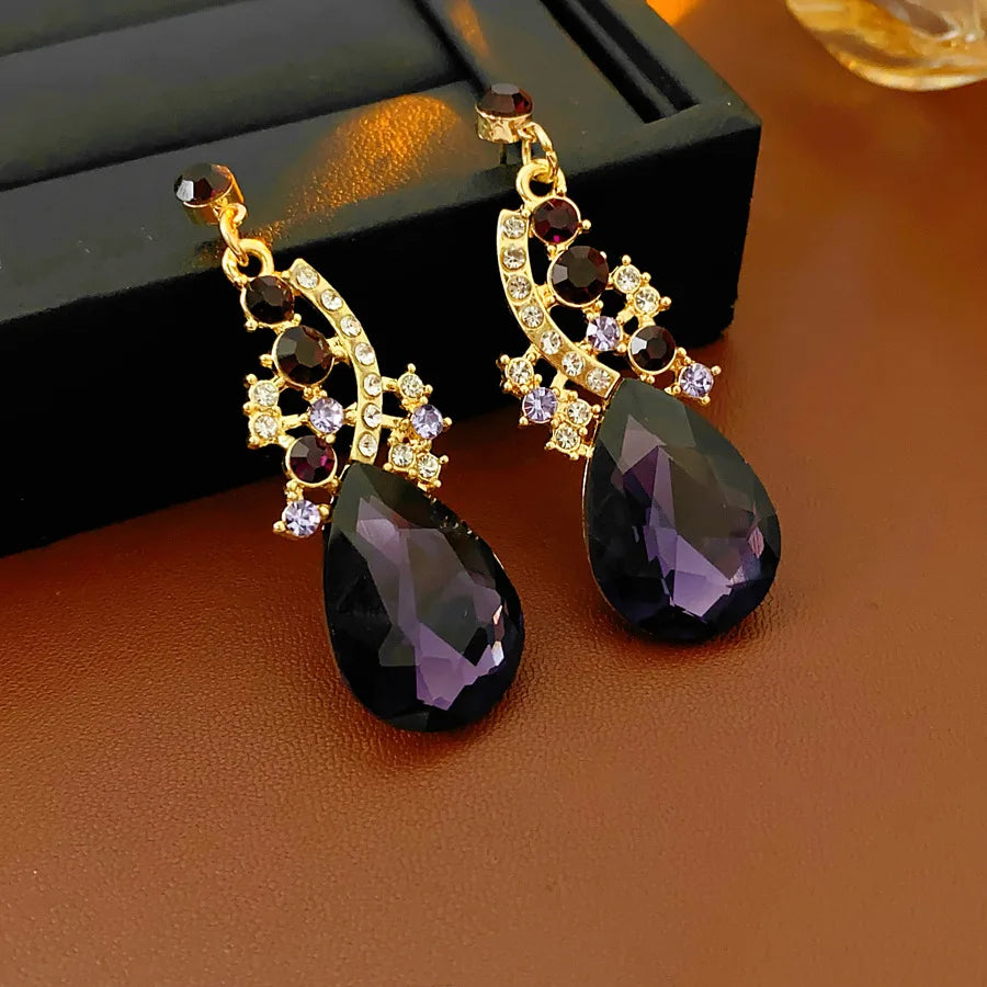 Purple Rhinestone Pendant Necklaces Drop Earrings Party Banquet Jewelry Set Vintage Water Drop Necklace Earrings Accessories H