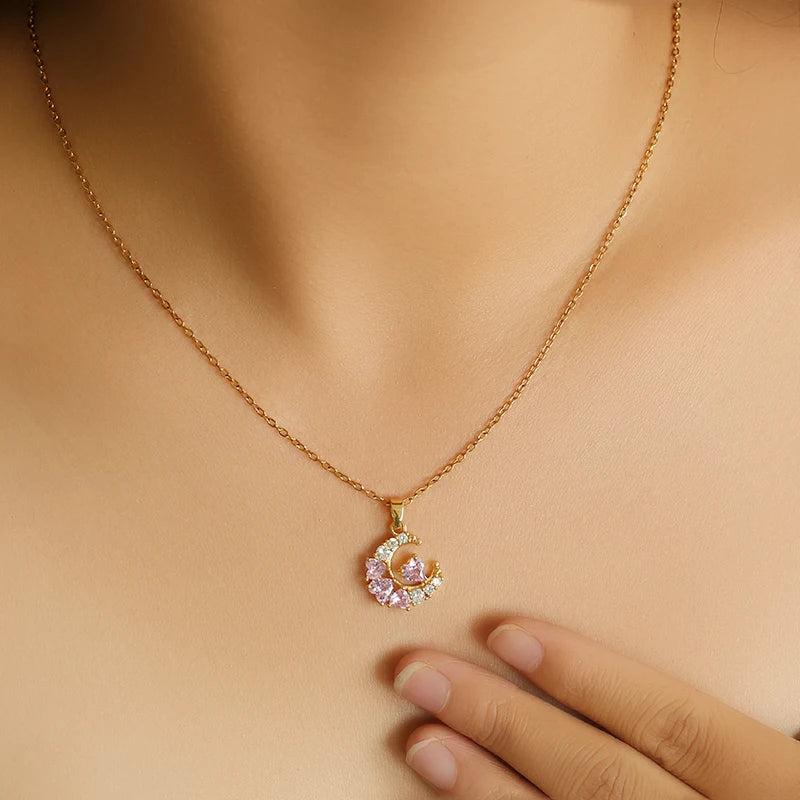 EILIECK 316L Stainless Steel Luxury Bling Zircon Moon Heart Pendant Necklace For Women 18K PVD Plated Neck Chain Jewelry Gift