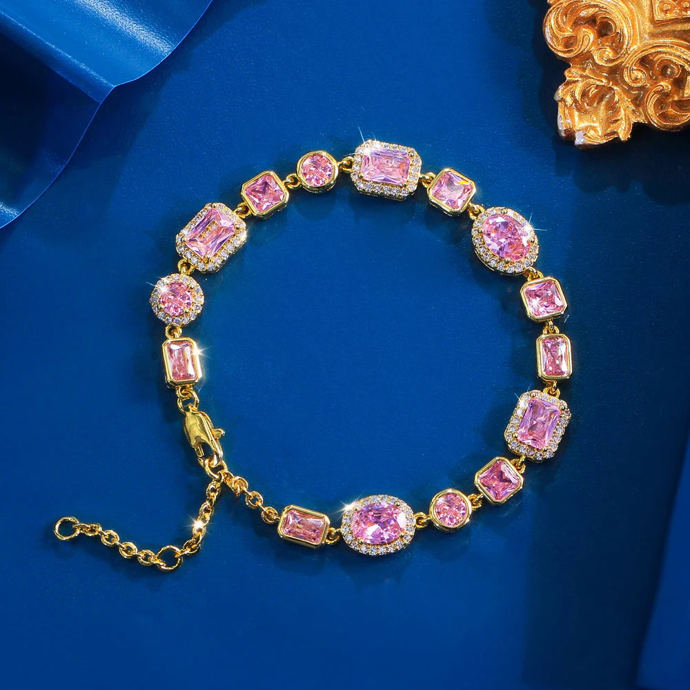 ThreeGraces Elegant Shiny Pink Zirconia Vintage Bridal Geometric Link Chain Bracelet for Women Fashion Daily Party Jewelry BR432