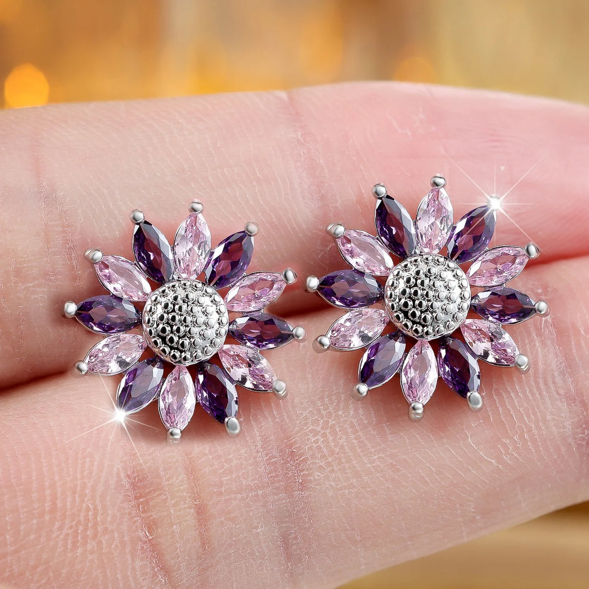 Small SunFlower Purple Zircon Stone Stud Earrings For Cute Women New Trendy Silver Color Birthstone Wedding Jewelry Bridal Gifts