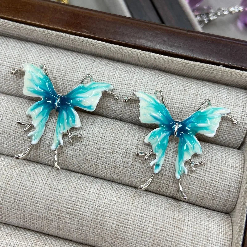 Enamel Butterfly Stud Earrings for Women Mori Girl Style Elegant Versatile Jewelry Fashion Summer Blue Pendientes Mujer