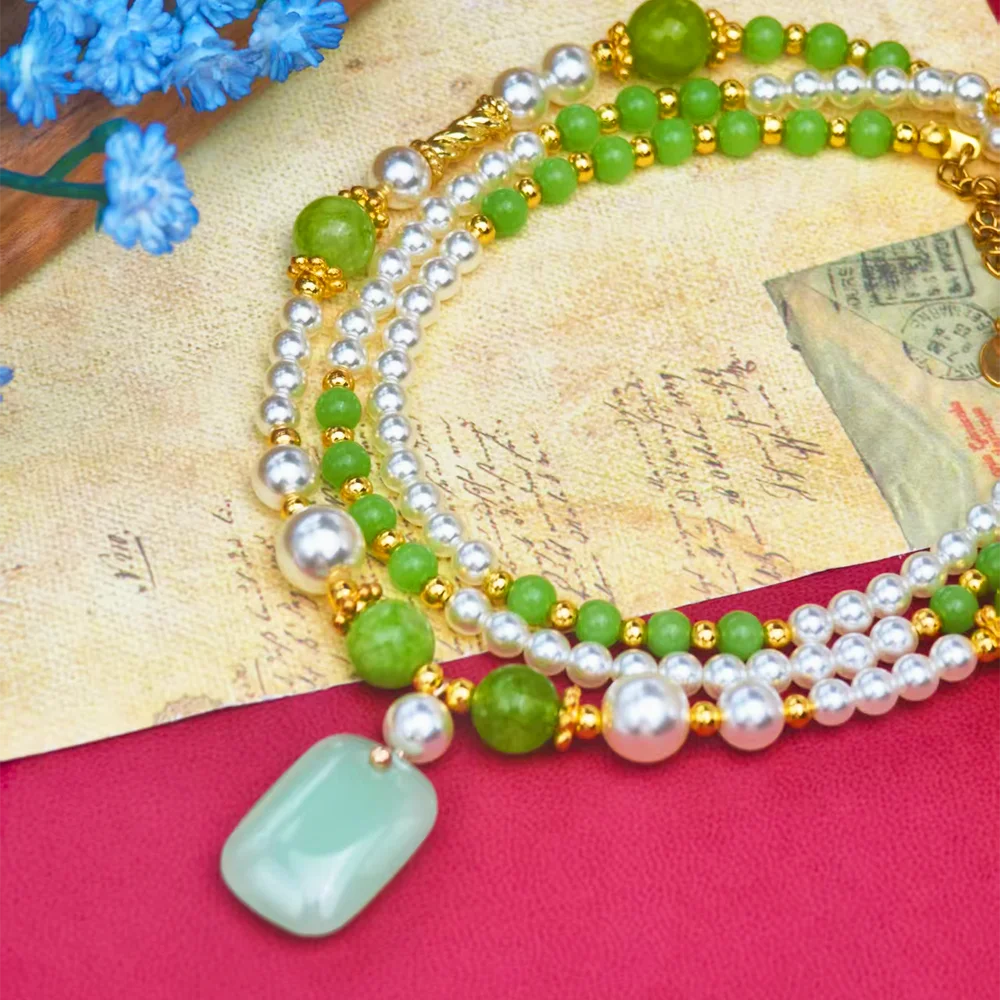 NEW Green stone Beaded Pearl Necklace for Women Golden Lucky Pendant Necklace Boho Vintage Wedding Party Daily Wear Jewelry Gift