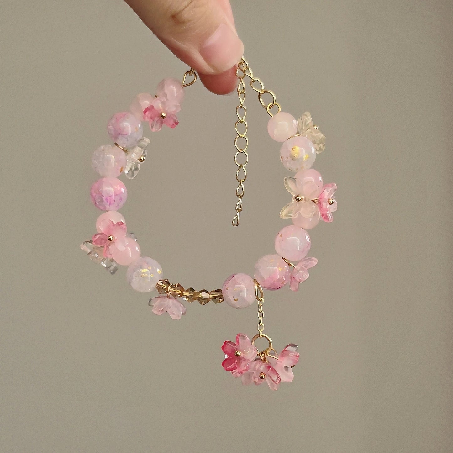 Pink Plum Cherry Blossom Crystal Butterfly Flower Berry Bracelet Women and Girls Sweet Delicat Jewelry Gifts