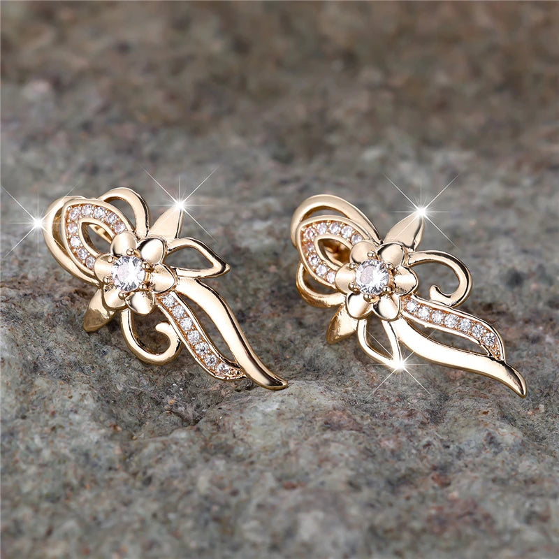 Cute White Zircon Stone Flower Hoop Earrings For Women Charm Female Gold Color Wedding Jewelry Gift