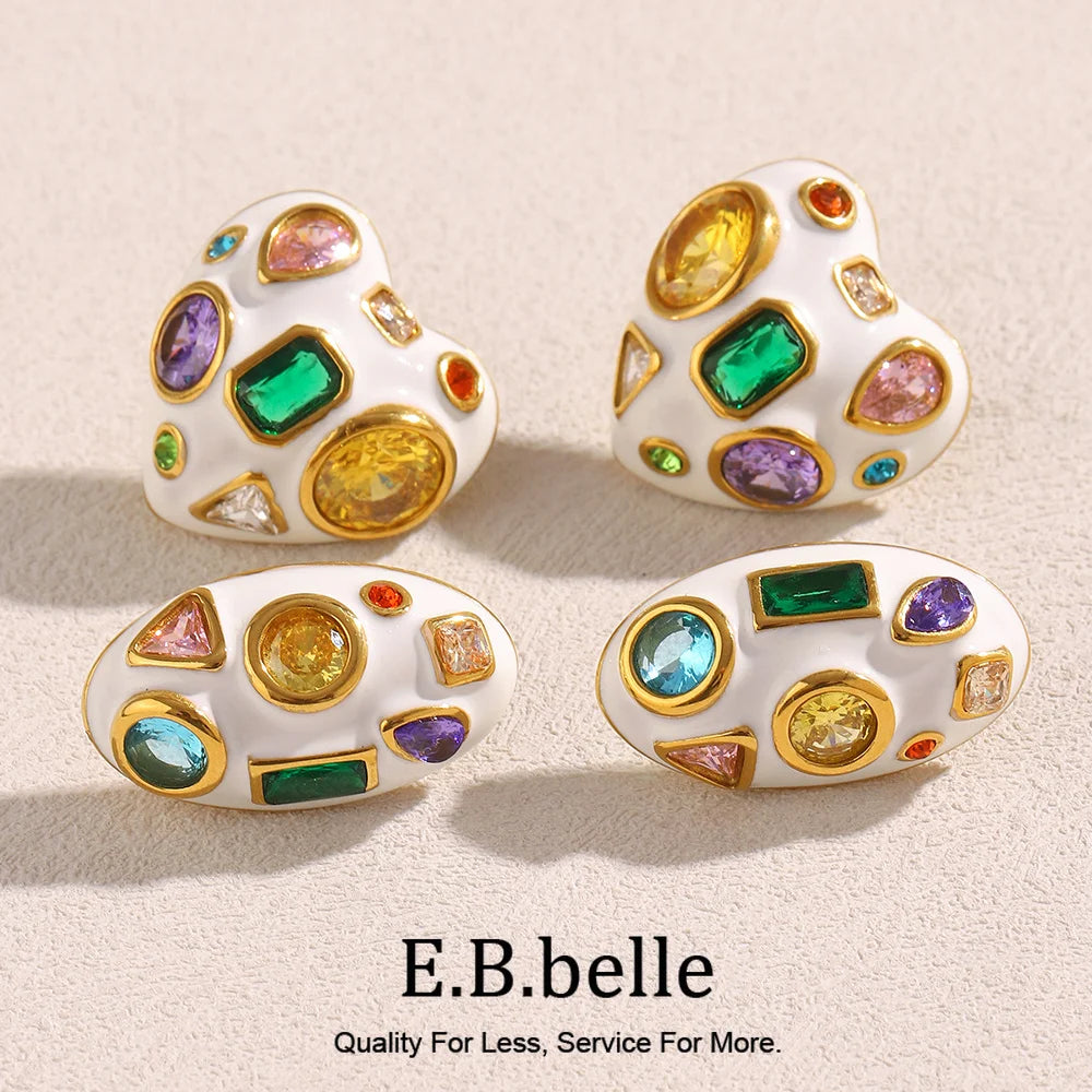 E.B.belle White Enamel Oval/Heart Coloful Geometric Zircon 18K Gold Plated Stainless Steel Women Party Statement Jewelry Gifts