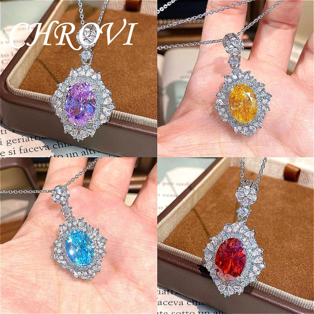 Luxury-Style 925 Sterling Silver Round Ice Flower Necklace for Women - High-Class Elegant Elliptical Full Diamond Collar Chain