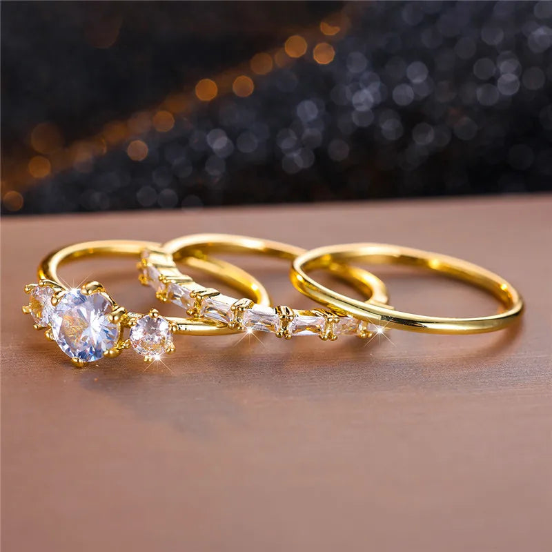 Female White Round Zircon Stone Ring Set Trendy Yellow Gold Color Engagement Cute Bride Wedding Jewelry Gift For Women