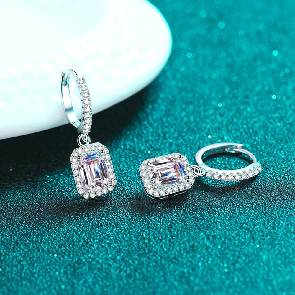 1ct 2ct Emerald/Radiant Cut Moissanite Drop Earrings for Women 925 Sterling Silver Plated PT950 Sparkling Hoop Earring With GRA