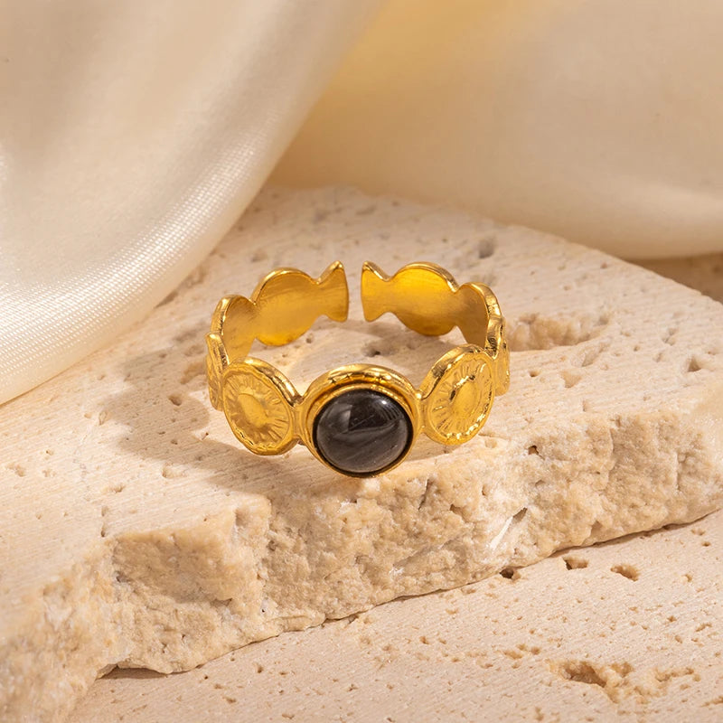 ANENJERY 316L Stainless Steel Colorful Stone Round Card Sun Open Ring for Women Men Niche Special Jewelry Gifts Wholesale