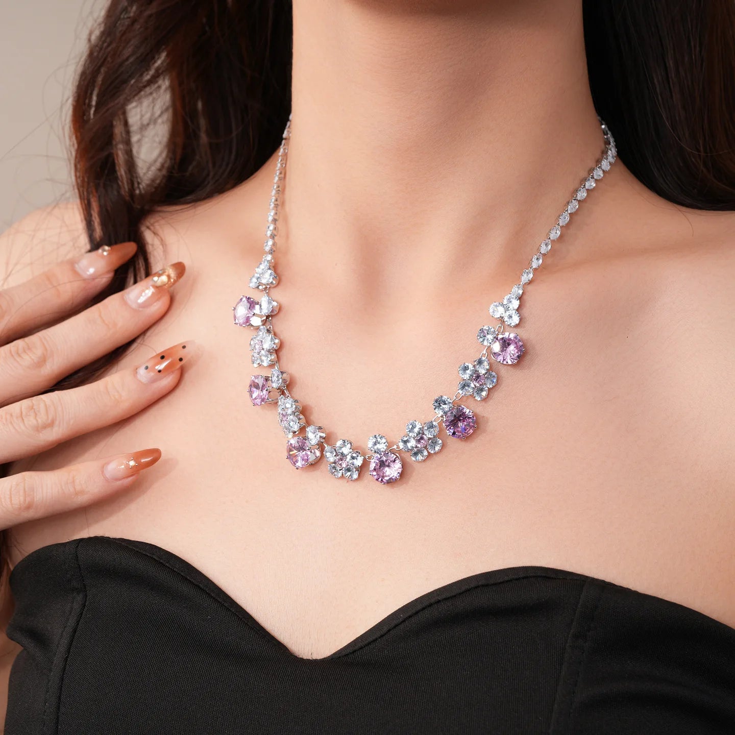 2 Pcs Reteo Flower Rhinestones Chokers Necklaces for Gathering Bling Color-block Dangle Earrings Banquet Anniversary Set H