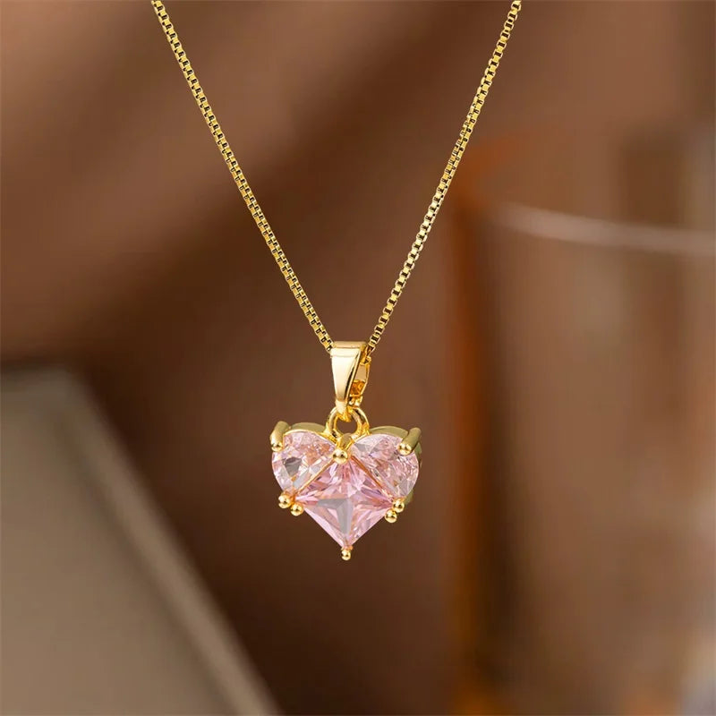 EILIECK Women's Trendy Floral Pink Zirconia Pendant Necklace Stainless Steel Neck Chain Daily Water-resistant Jewelry Lady Gift