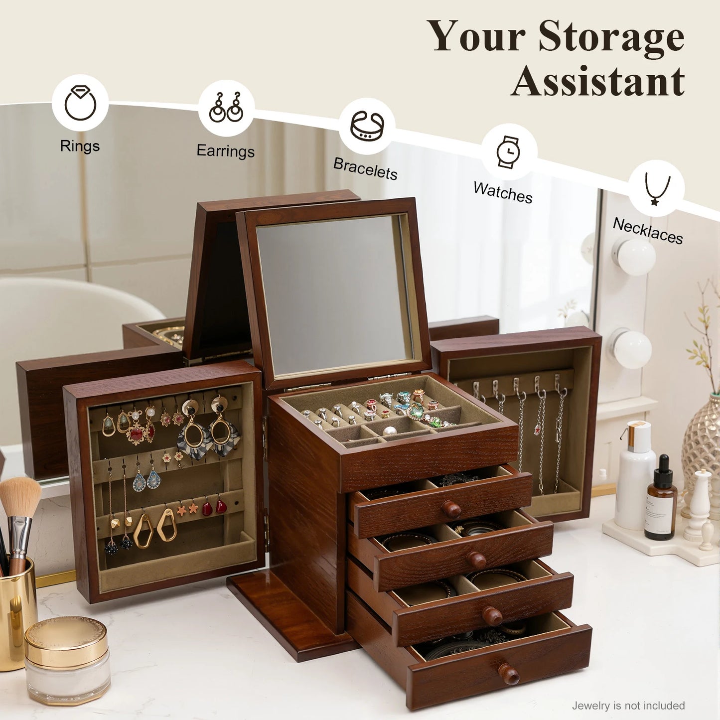 Jewelry Boxes, 5 Layer Jewelry Box, Dark Brown Storage Box, Built-in Mirror, Compact Size 11.81x7.87x9.84 Inch, Space Saving Desktop Organizer for Earrings Necklaces