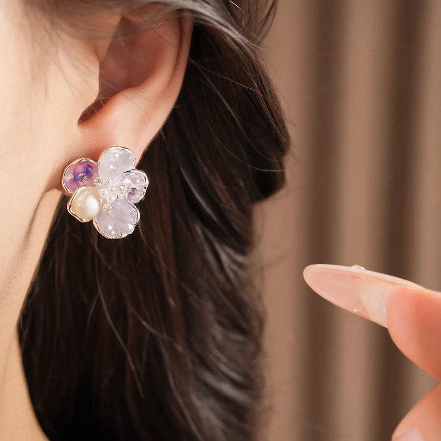 Iridescent Glass Beads Zircon Flower Stud Earrings Pastel Floral Imitation Pearl Earrings for Women Fairy Dating Daily Jewelry N