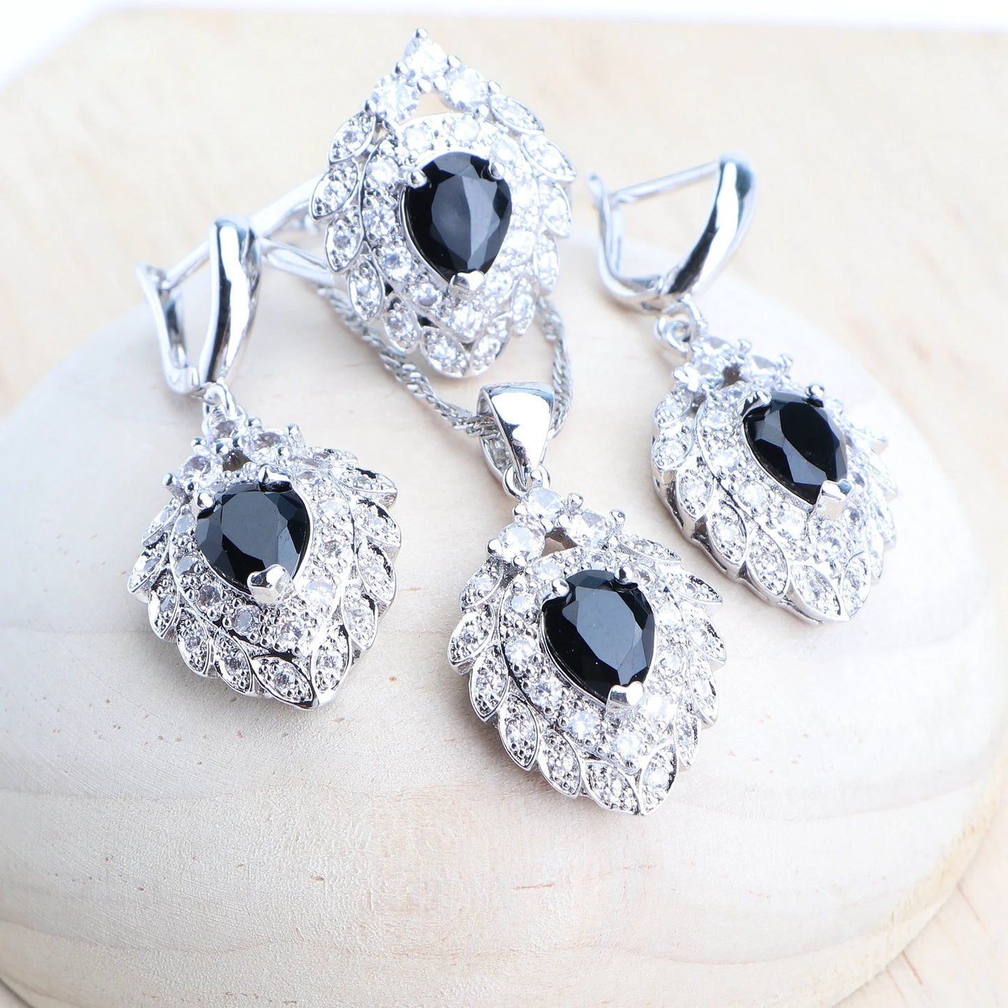 Ladies Bridal Jewelry Sets Silver 925 Black Zirconia Earrings Jewellery For Women Rings Pendant Wedding Necklace Set Bracelets