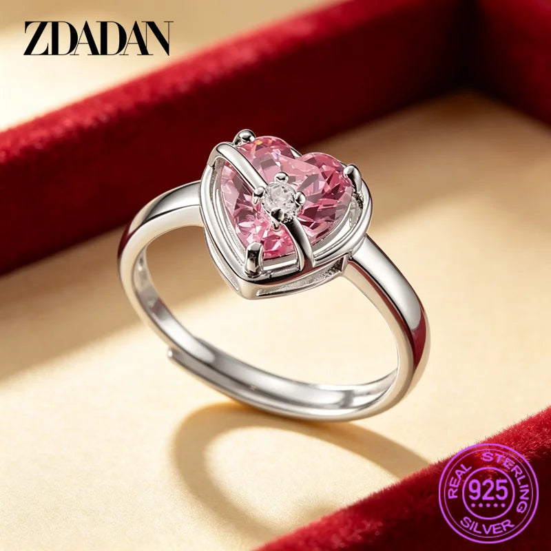 ZDADAN 925 Sterling Silver Heart Pink Zircon Ring For Women Fashion Jewelry Gifts