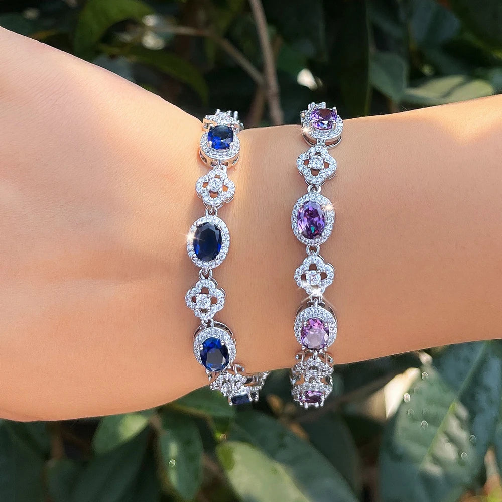 ThreeGraces Brilliant Purple Ellipse Zirconia Lucky Leaf Shape Bridal Wedding Party Link Chain Bracelet Jewelry for Women BR472