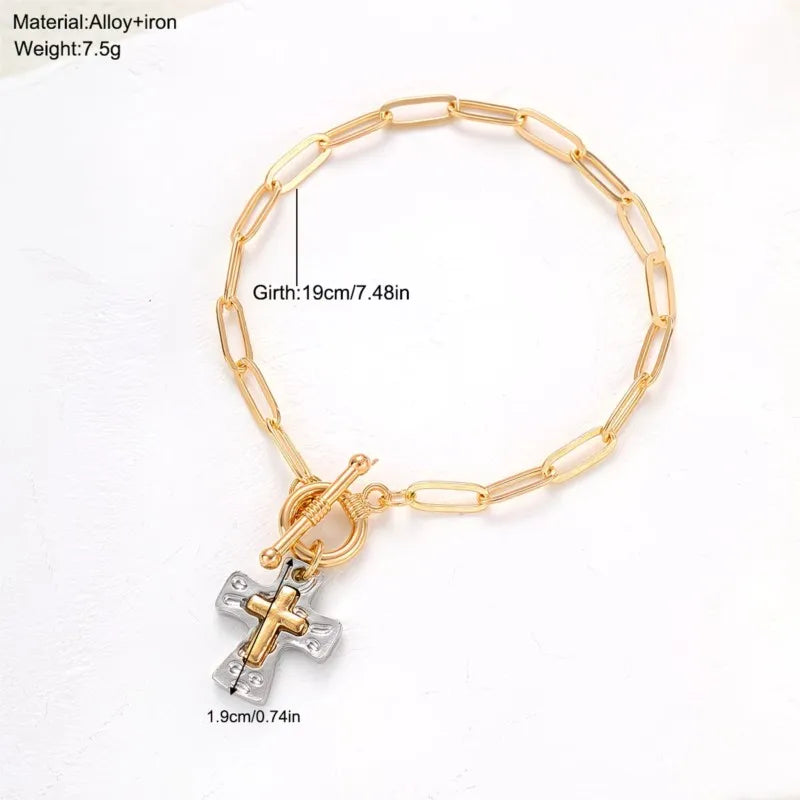 Golden Retro Style Cross Bracelet for Women Two-Color Hammered Pendant OT Buckle Chain Jewelry Gift