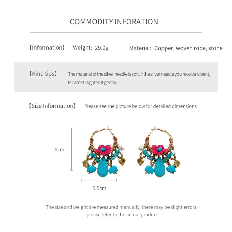 NISHIZAWA Bohemian Stones Earrings for Women Flowers Tassels Fashion Jewelry Elegant Beach Style Retro Aretes De Mujer