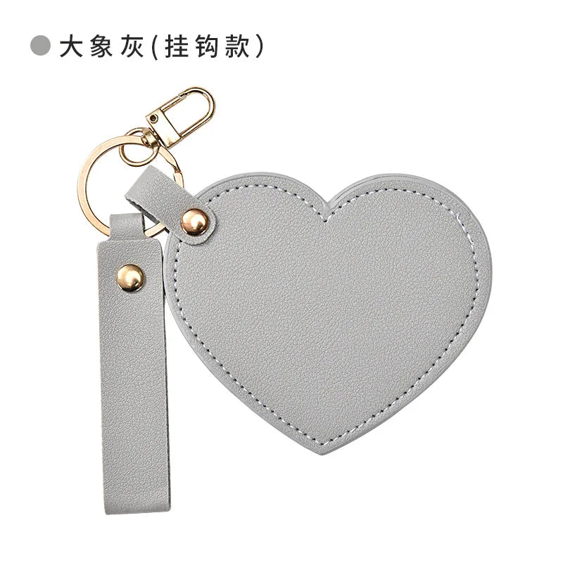 Multi-functional Heart Shape PU Leather Makeup Mirror Creativity Keychain Portable Compact with Chain for Purse Travel Gift