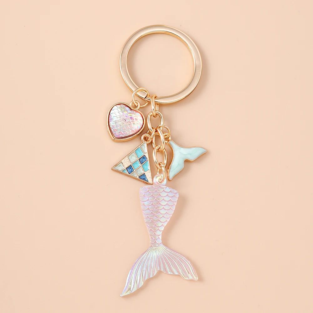 Summer Beach Mermaid Shell Starfish Keychain Women Girls Pearl Love Heart Key Ring Pendants for Handbag Decor DIY Jewelry Gifts
