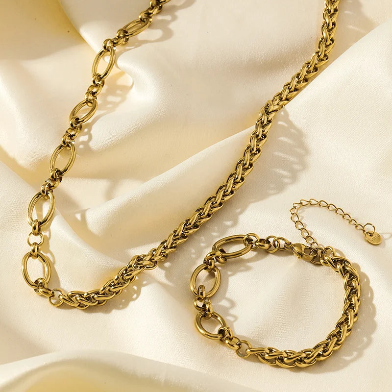EILIECK 316L Stainless Steel Gold Color Asymmetric Chain Necklace Bracelet Set For Women Fashion Waterproof Jewelry Lady Gift