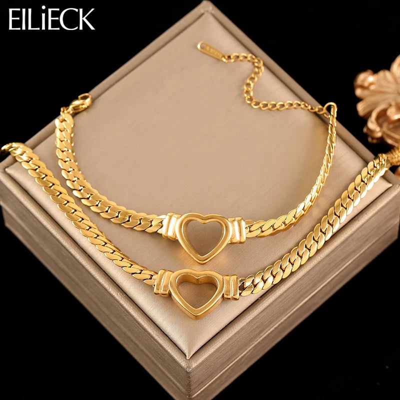 EILIECK 316L Stainless Steel Metal Hollow Heart Necklace Bracelets Set For Women Trendy Waterproof Gold Color Chain Jewelry Gift